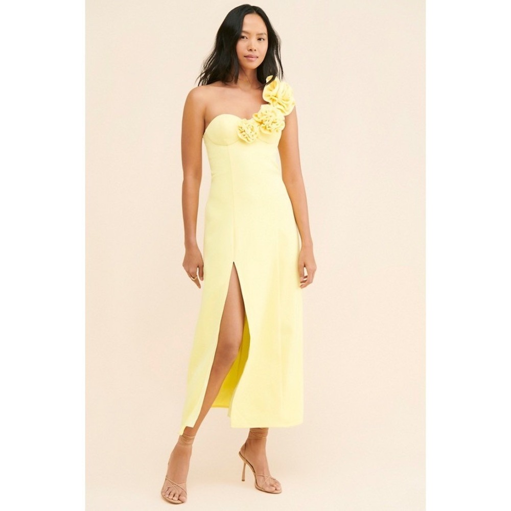 The Wolf Gang Flores Yellow One Shoulder Rosette Floral Midi Dress S